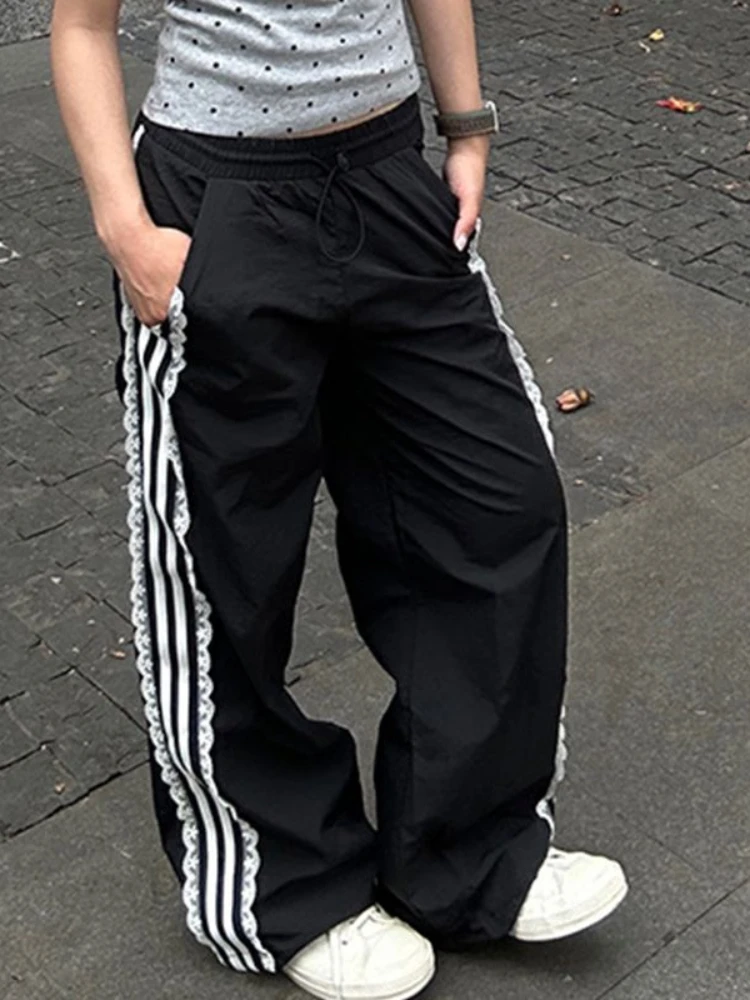 thumbnail image 2 of Women's Y2K Baggy Sweatpants - Wide Leg Joggers With Elastic Waist, Striped Design, Casual Lounge & Streetwear 2 of 4