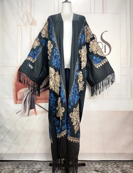2023 Winter African Women's Cashmere Open Front Feather Long Kimonos Bohemian European Lady Warm Streetwear Duster Coat