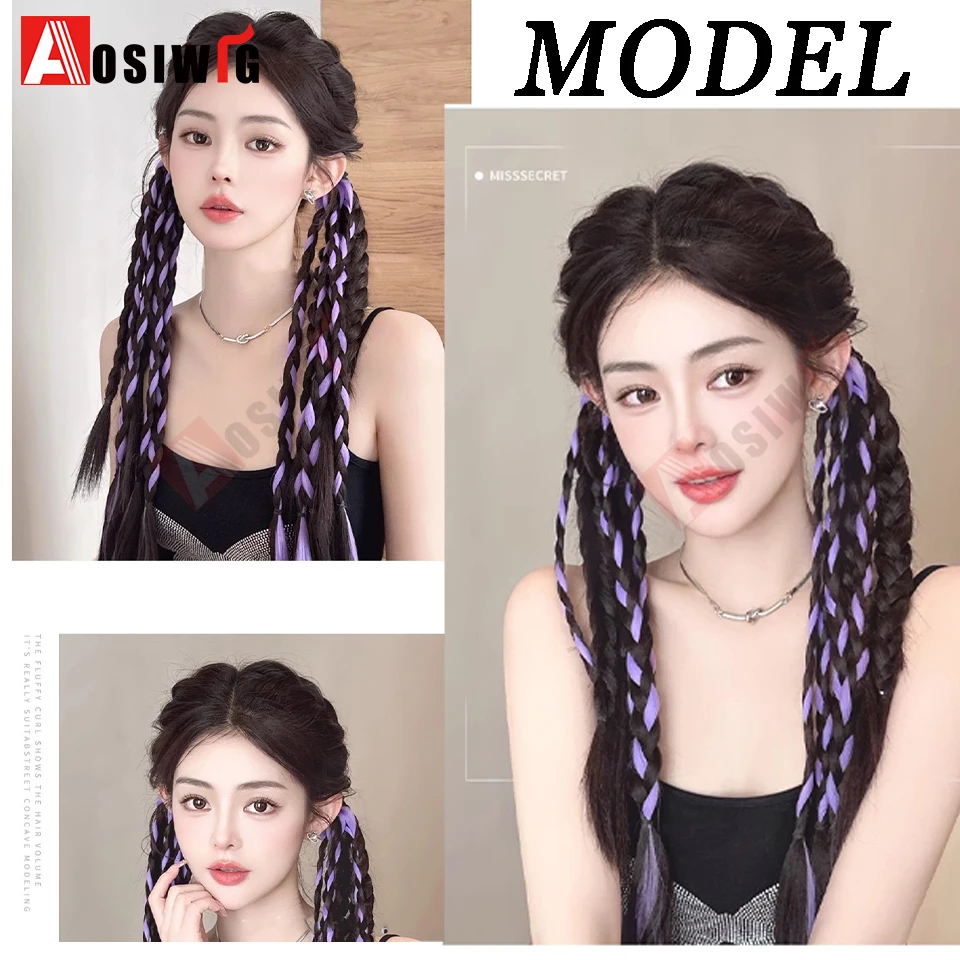Y2K 합성 옴브레 컬러풀 도파민 컬러 복싱 브레이드 포니테일 연장 가발 4가지 브레이드 고무줄 헤어스타일 여성용 데일리
