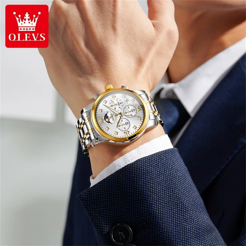 OLEVS 3652 Date Men Watch Luxury Original Quartz Business Wristwatch Chronograph Moon Phase Waterproof Luminous Watch For Men
