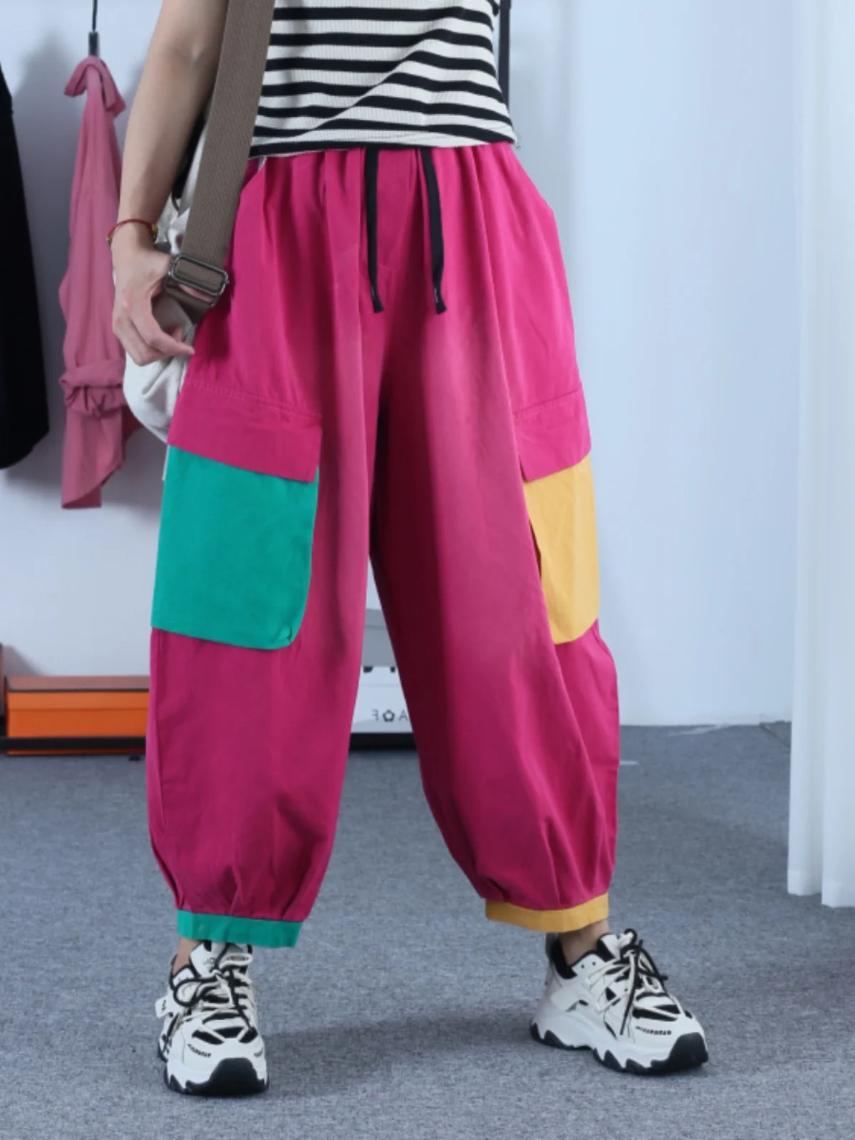 

Брюки-карго женские с эластичным поясом, Прямые хлопковые свободные джинсы до щиколотки, с большими карманами, весна-лето