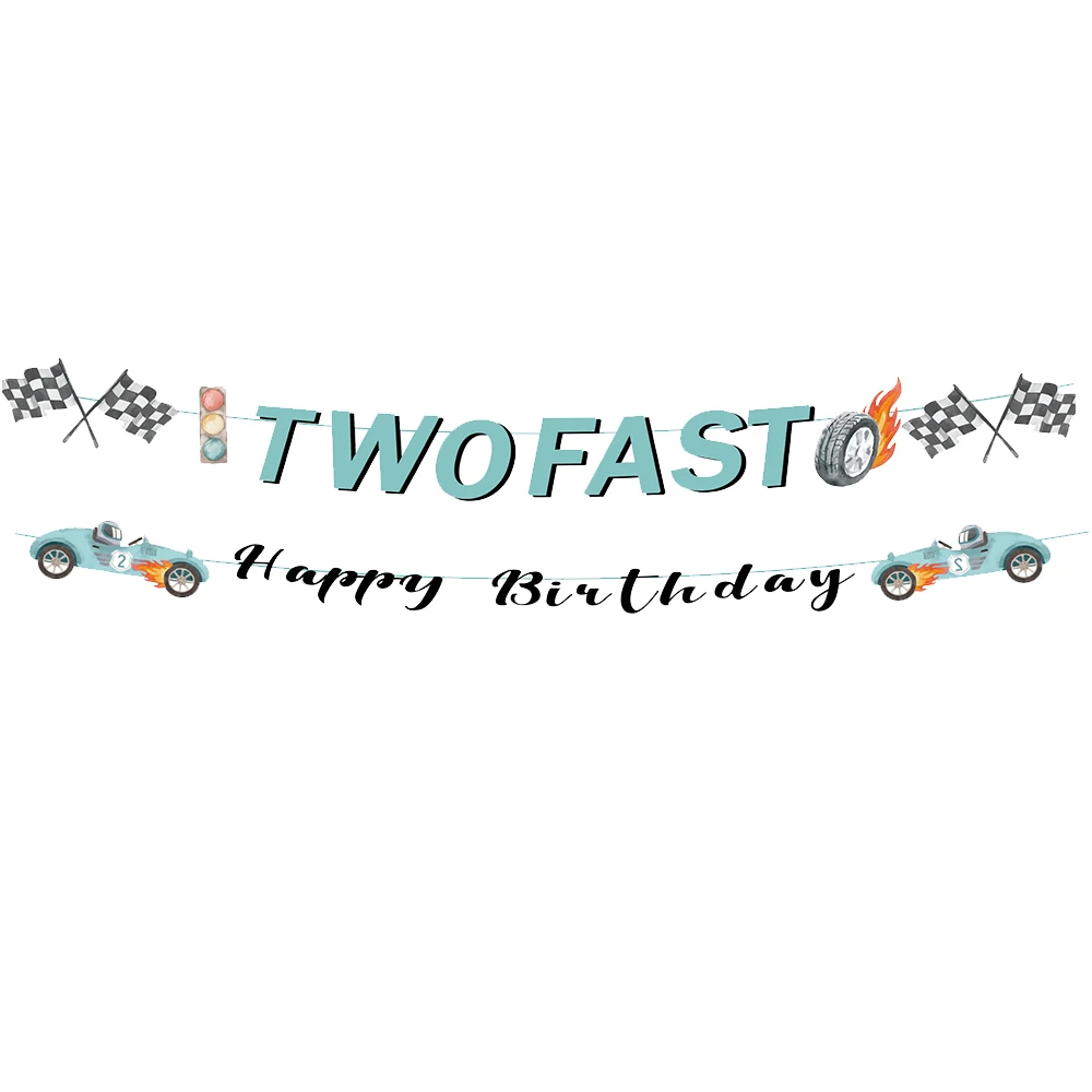 Boys Race Car Two Fast 2th Birthday Party Decoration Banner Balloon Two Fast Racing Wheel Disposable Tableware cup plate Balloon