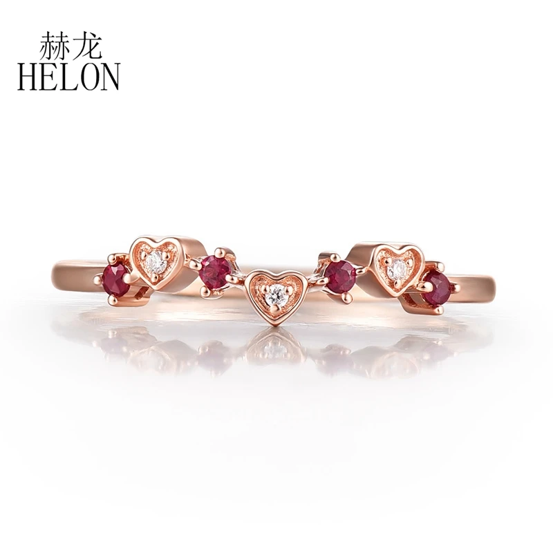 

HELON Genuine Natural Diamonds Solid 14K Rose Gold Ruby Engagement Gemstone Ring For Women Jewelry Gift