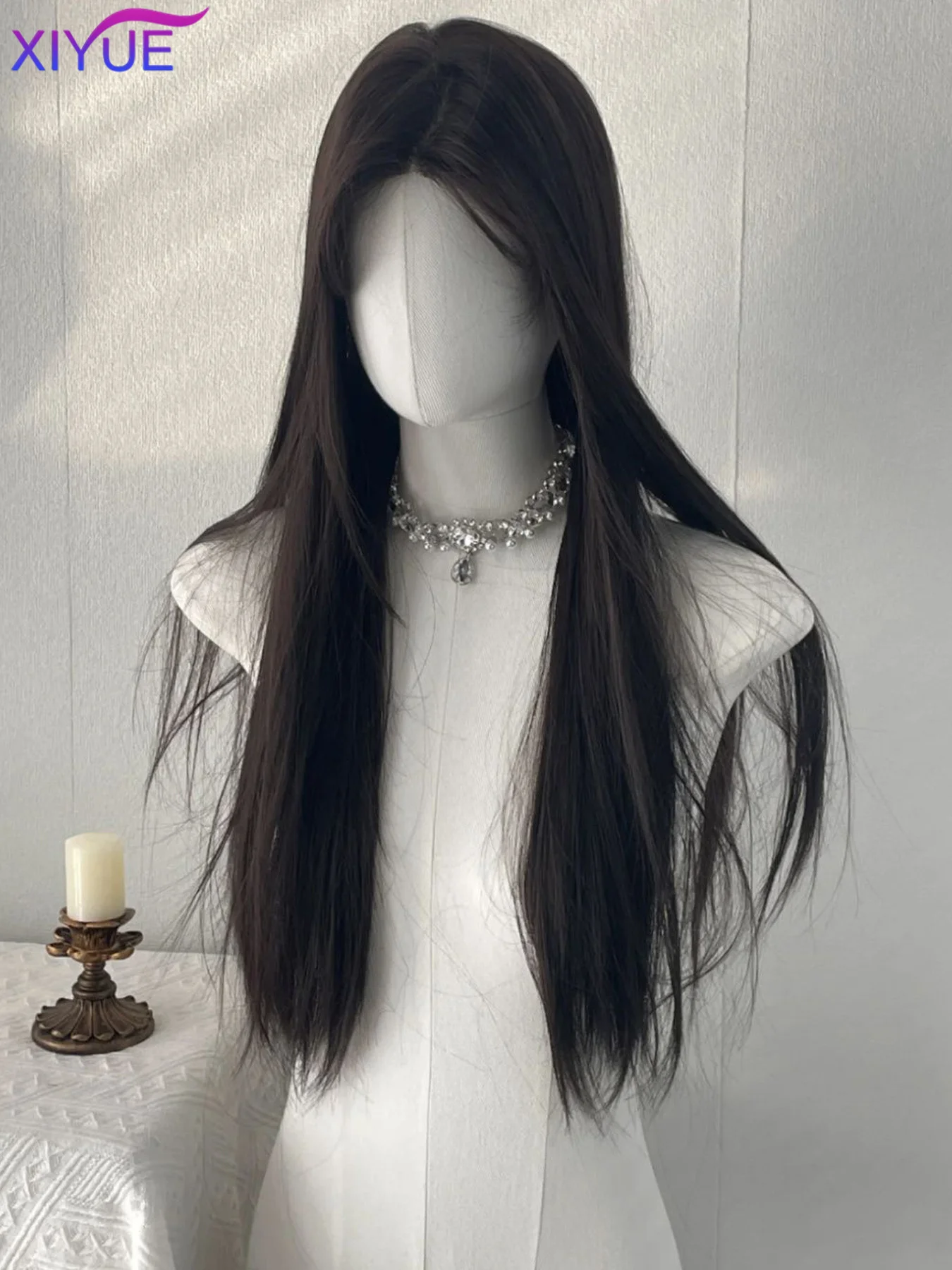 XIYUE Long Straight Black Synthetic Wig For Woman With center part black Cosplay Lolita Wigs Heat Resistant Natural Hair