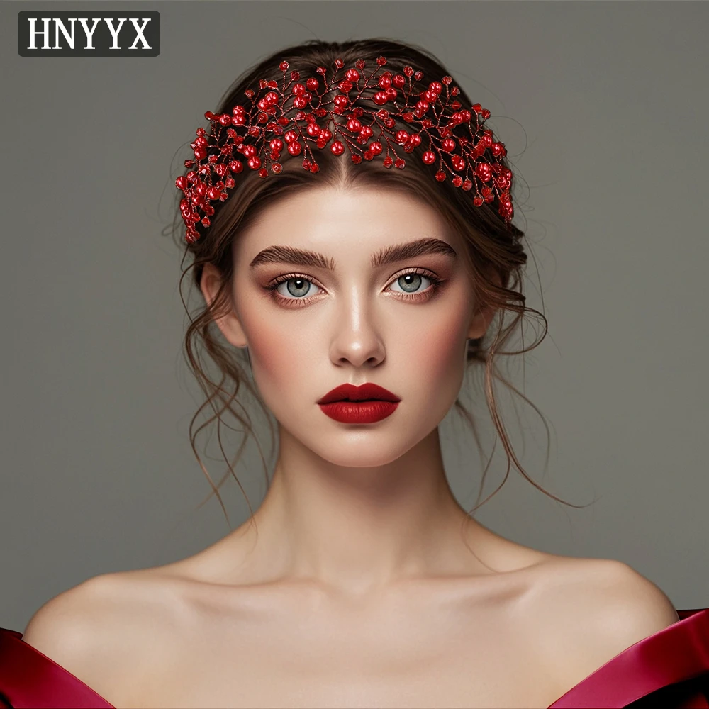 HNYYX Fashion Crystal Hair Accessories Bridal Wedding Red Pearl Hair Vine for Women's Bride Party Jewelry Headpiece A261