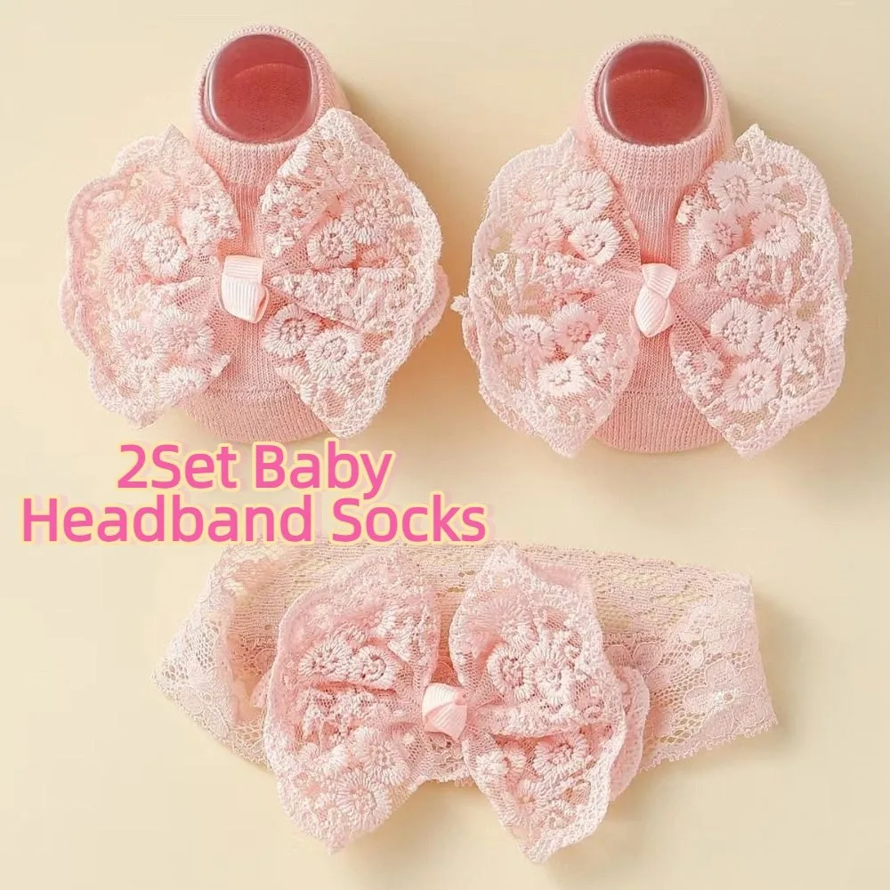 2Set Lace Bow Baby Headband Socks Set Soft Cute Baby Floor Sock Breathable Korean Style Elastic Hair Band Newborn Baby