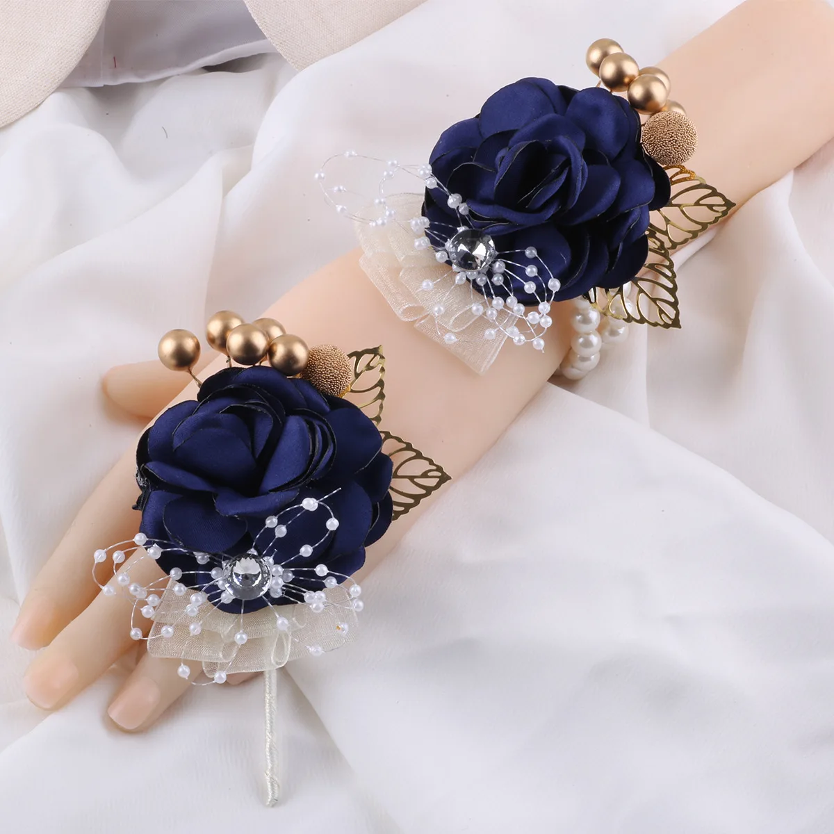 Artificial Navy Blue Wedding Boutonniere for Guest Pins Flowers with Pearls Prom Decor Accessories Silk Rose lapels for wedding