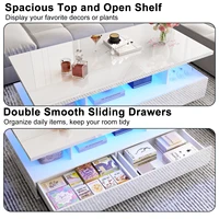 43 Inch LED Coffee Table w/2 Storage Drawers, Modern High Gloss Coffee Table w/Display Shelf, Rectangle 2-Tier Center Table 5