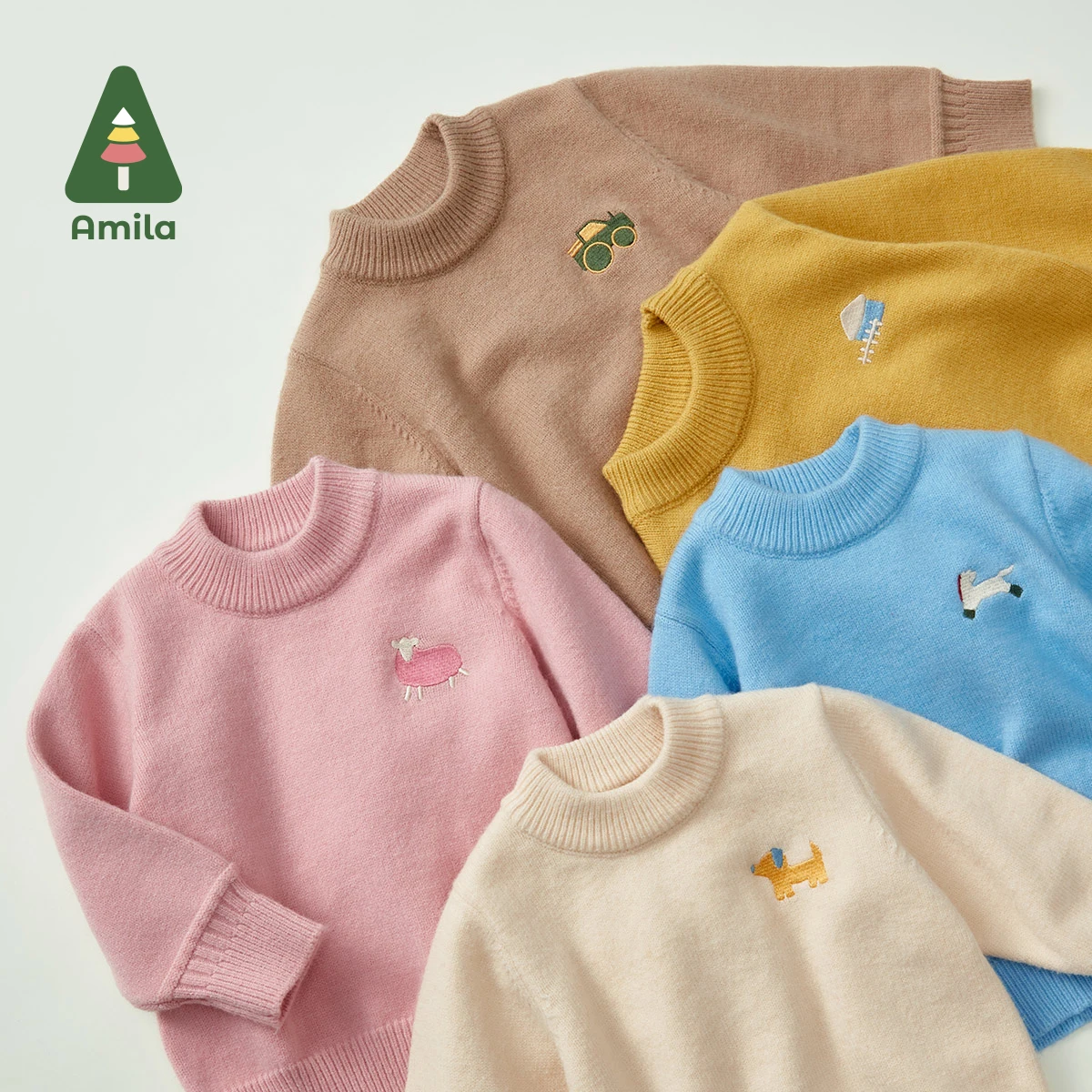 Amila Baby Sweater Spring New Solid Color Turtleneck Plain Boys and Girls All-match Cartoon Embroidery Children's Clothes