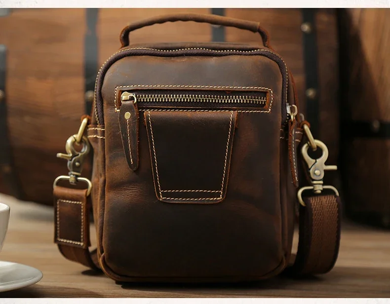Genuine Leather Mini Shoulder Bag for Men with Handle