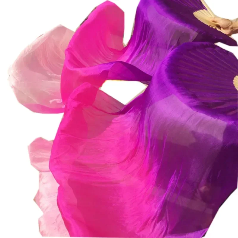 

Children Adults Hand Made Real Silk Veils Bamboo Flame Belly Dance Long Folding Fan Veil Art Colorful Purple Pink 120cm 180cm