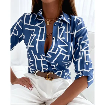 Autumn Fashion Long Sleeve Shirt Blouse Women Office Elegant Button Pocket Top Casual Loose Sprited Print Shirts For Women 2024 3