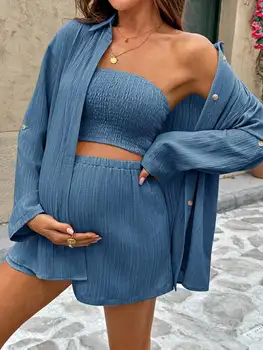 Maternity Summer Two Piece Set Casual Loose Breathable Strapless Top And Shorts