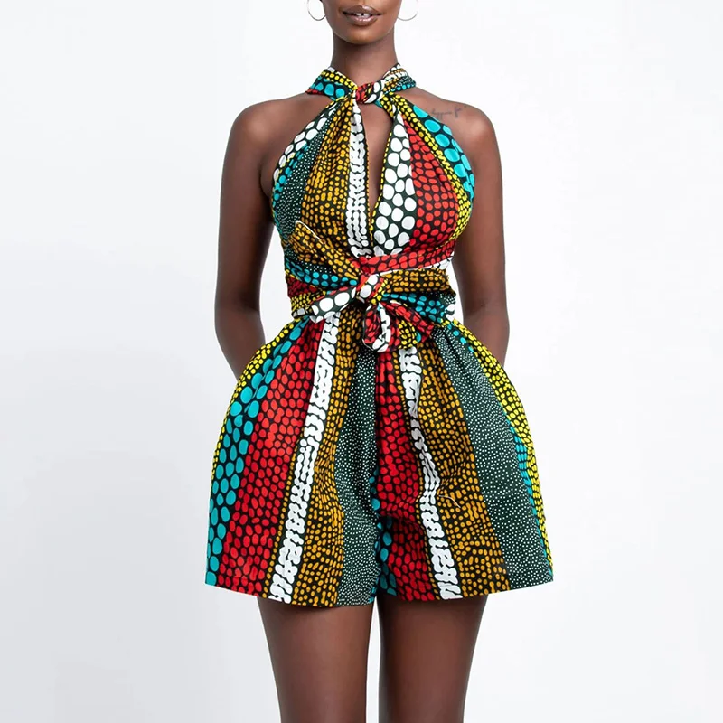 Lady Elegant Short Rompers Fashion DIY Multi Wear Jumpsuit Women Summer African Style Sleeveless Casual Loose Printing Jumpsuits