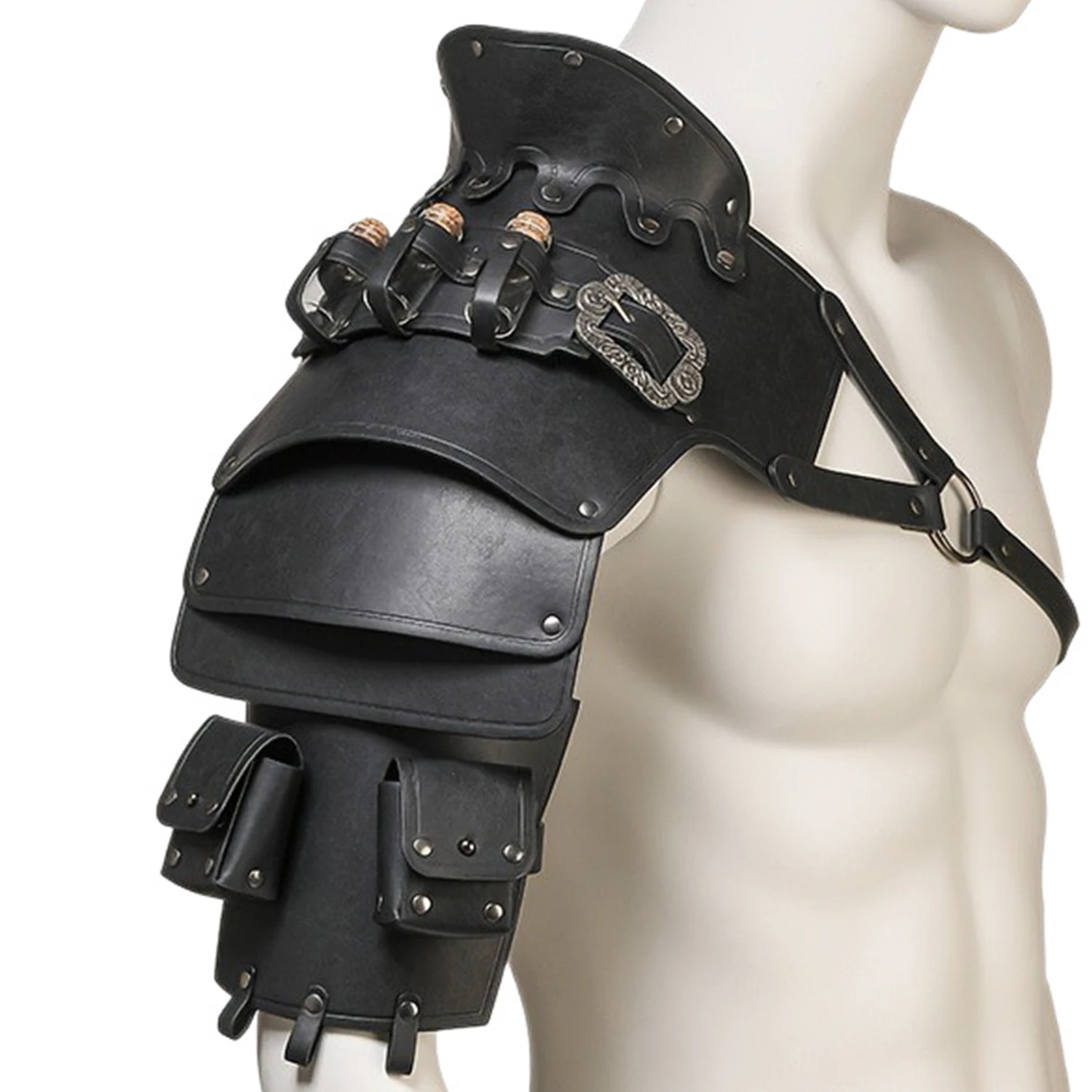 Armatura per spalla da cavaliere guerriero vichingo medievale Gladiatore Pauldrons pirata Steampunk Spaulders in pelle PU vintageCostume cosplay - immagine 3