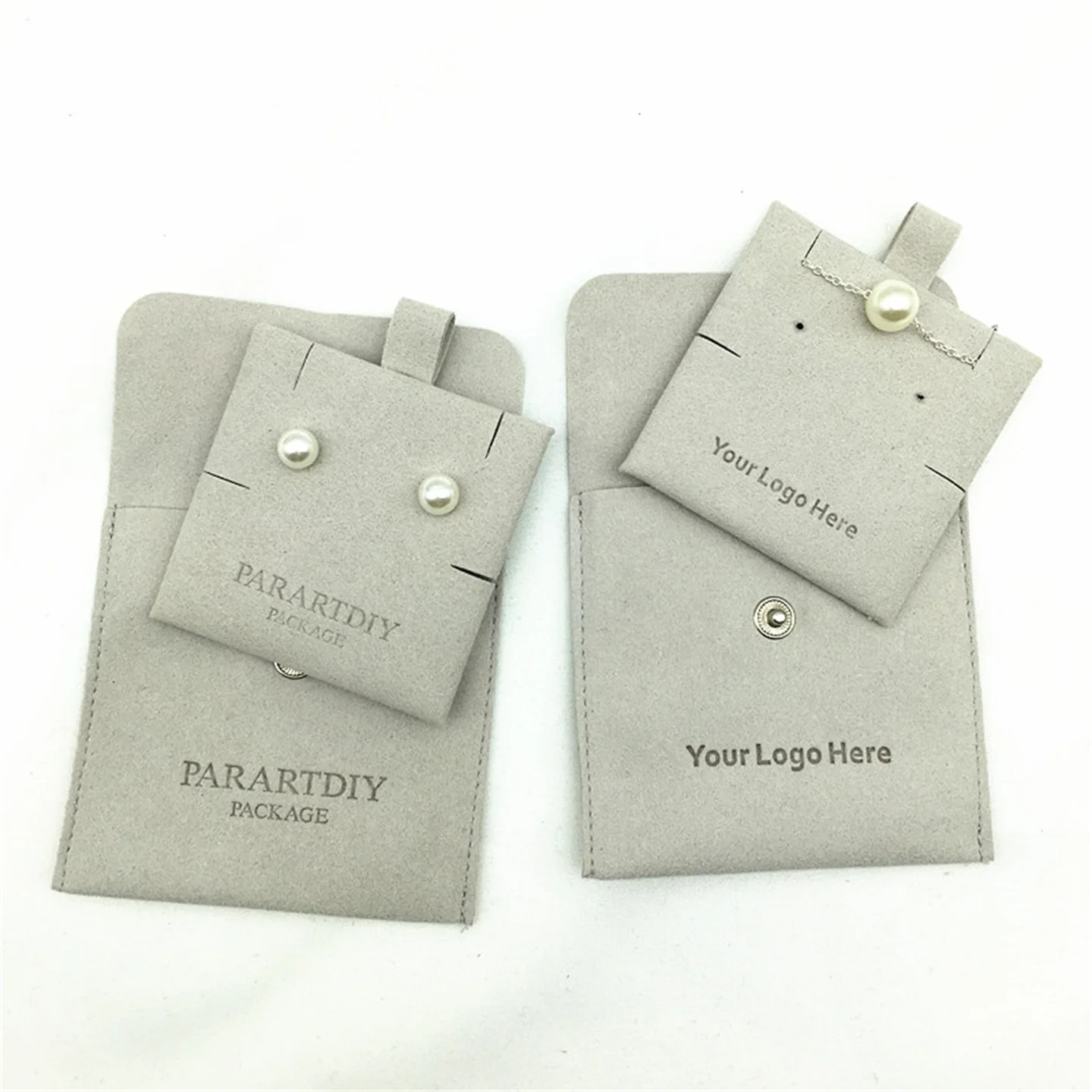 500 sets of gray personalized jewelry packaging bag custom logo button bag fashion small envelope bag necklace clip microfiber