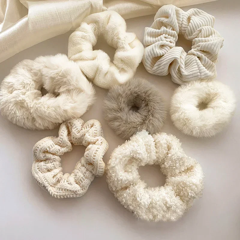 Fashion Furry Scrunchies White Rubber Bands for Women Girls Korean Elastic Hair Band Ponytail Holder Hair Rope Hair Accessories