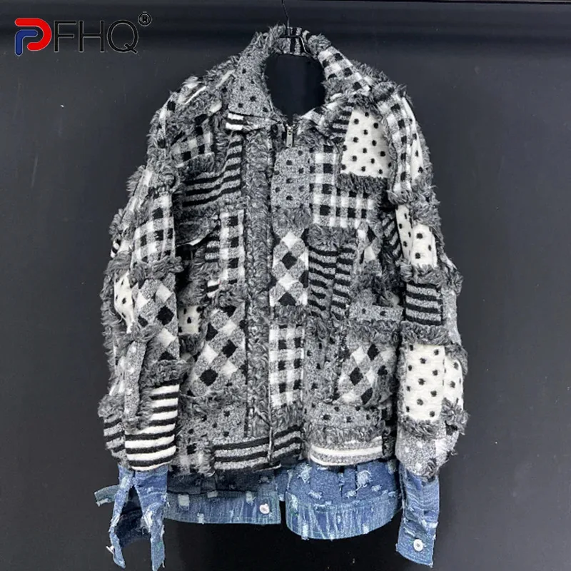 

PFHQ Double-sided Cashmere Fleece Jackets Men's Warm Thick Fake Two Piece Personality Denim Patchwork Zipper Coat Autumn 21Z2292