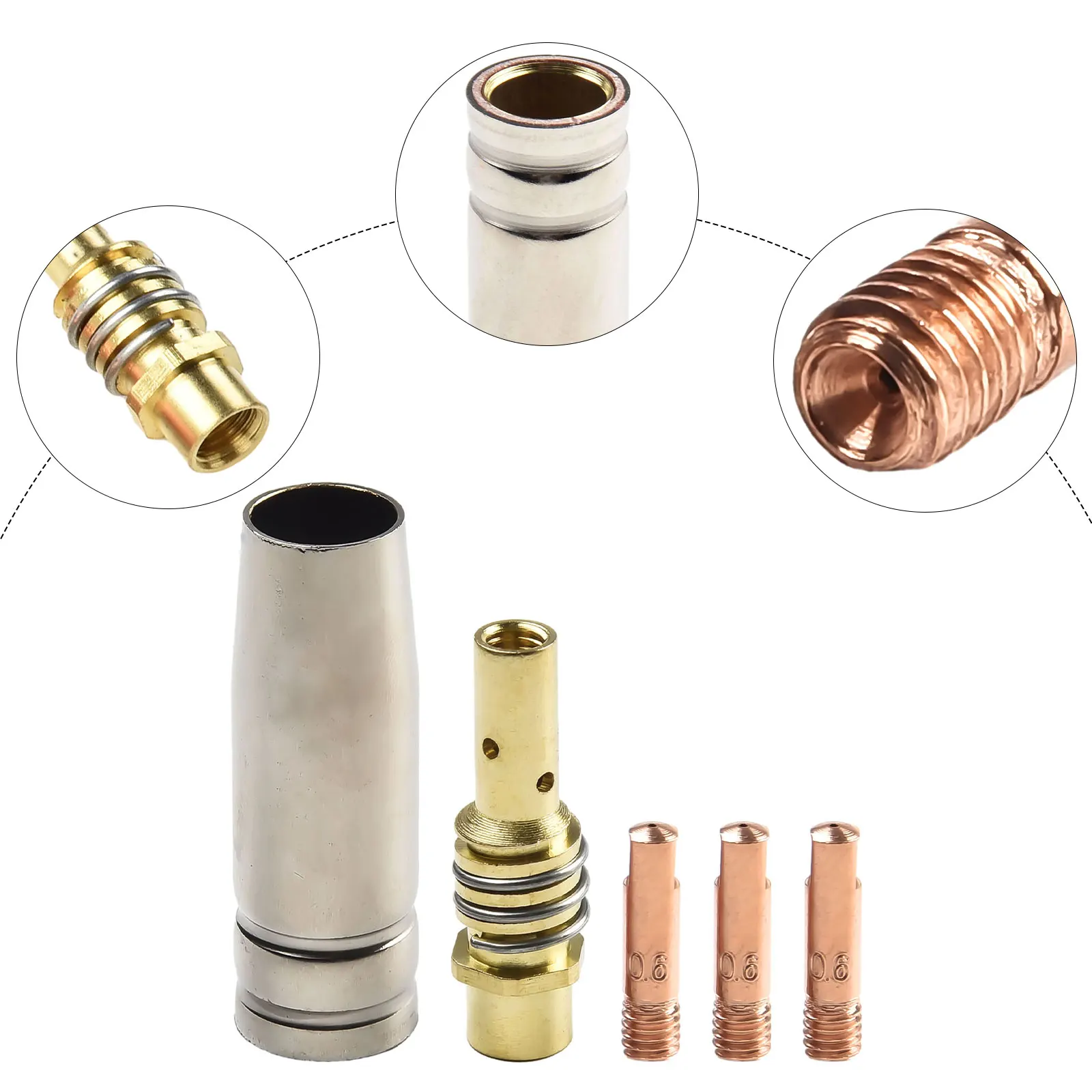 

Useful Brand New Durable Welding Nozzle Consumables Kit 0.6/0.8/0.9/1.0/1.2mm 5pcs/set Conductive Tip MB15 15AK