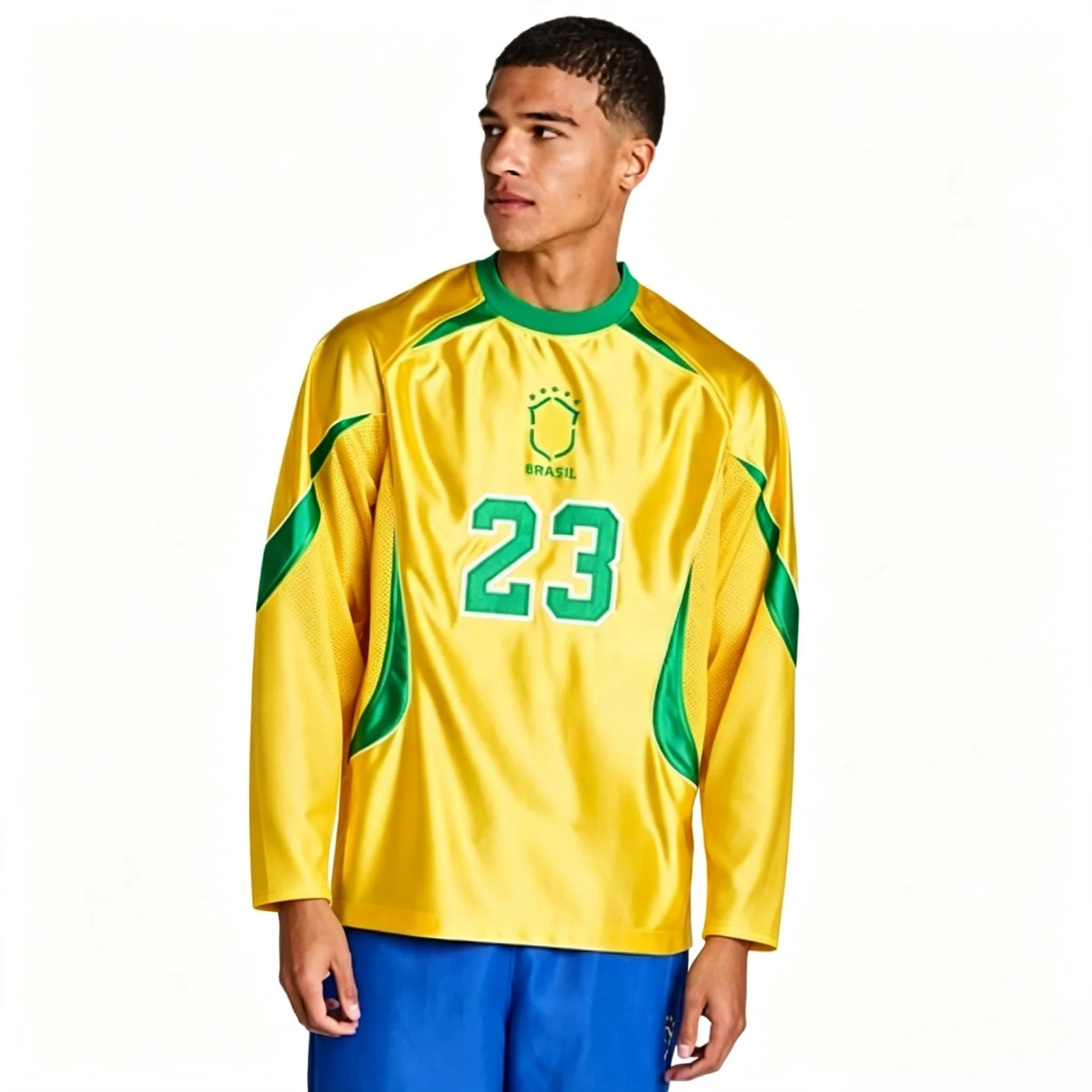 Neue Herren-Langarmshirts Brasil # 23 Fußballtrikot Retro Gelb-Grün Brasilien Fußballshirt Vintage Sport-Oberteil Familien-Matching
