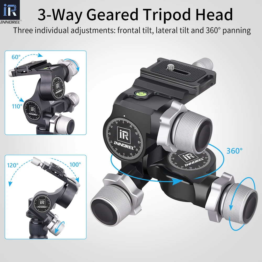 Tripod Ball Head INNOREL GR5 CNC Aluminum Alloy High Precision 3 Way Geared for Photography Camera