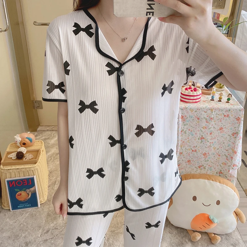 Spring and autumn women's pajamas printed double long pit strip milk silk 180k cardigan small lapel home clothes 2-piece set