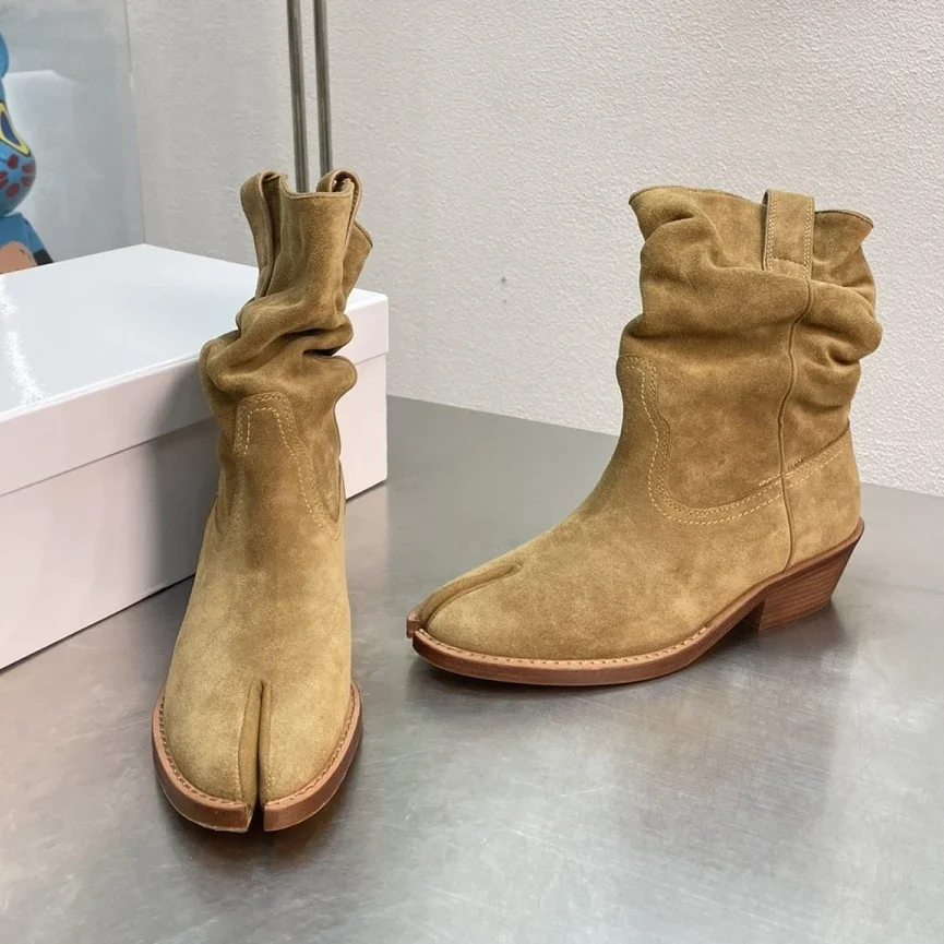

Open Toe Western Denim Boots 2023 Autumn/Winter New Thick Heel Middle Heel Leather Short Boots Women's Boots Naked Boots heels