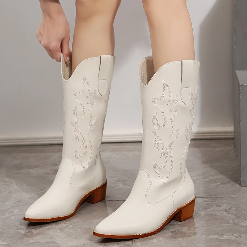 New Fashion Women Mid Calf Western Boots Cowboy Pointed Toe Knee High