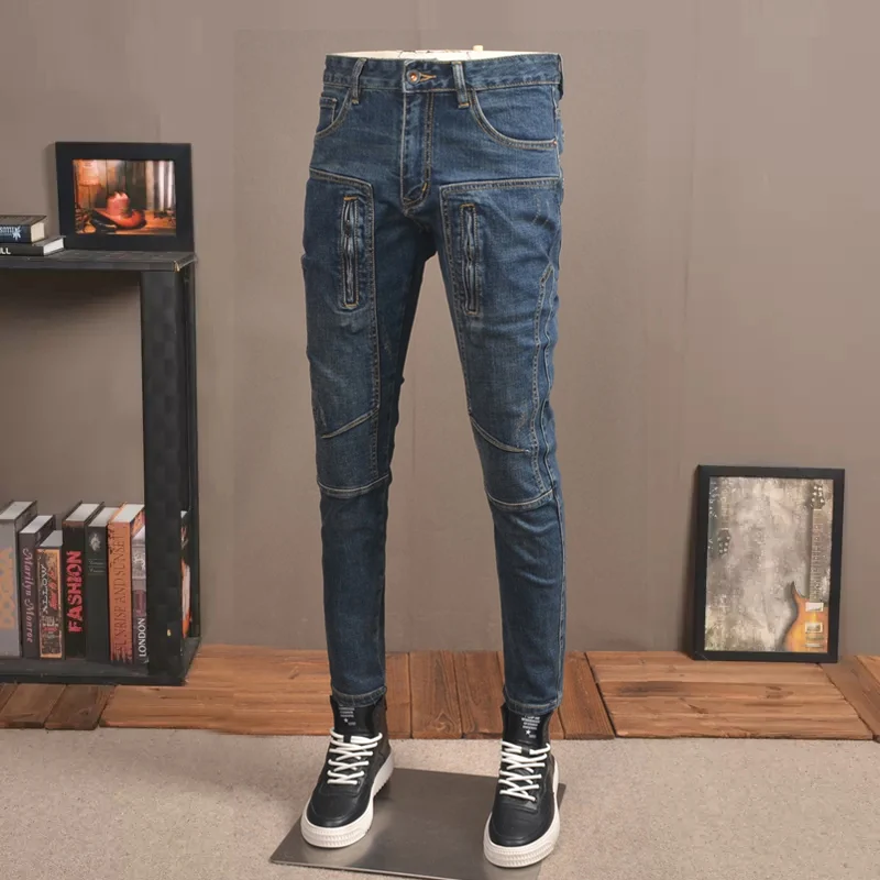 Fashion Streetwear Men Jeans Retro Blue Stretch Slim Fit Spliced Biker Jeans Homme Zipper Designer Elastic Hip Hop Pants Hombre