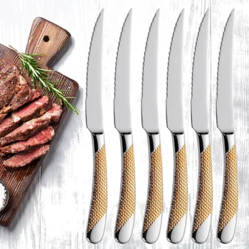 Set di coltelli da bistecca lucidi da 9 "ultra affilati 2 in 1 con manico martellato placcato oro, posate, lavabili in lavastoviglie 1