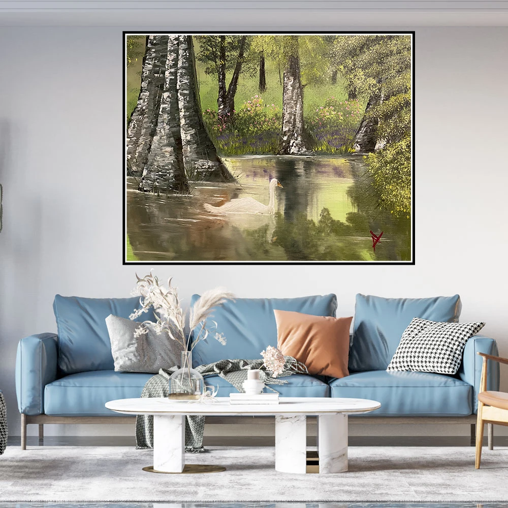 Forest Landscape Art Poster Swan Lake Tree River Landscape Wall Art Canvas Painting Prints for Bedroom or Living Room Decor