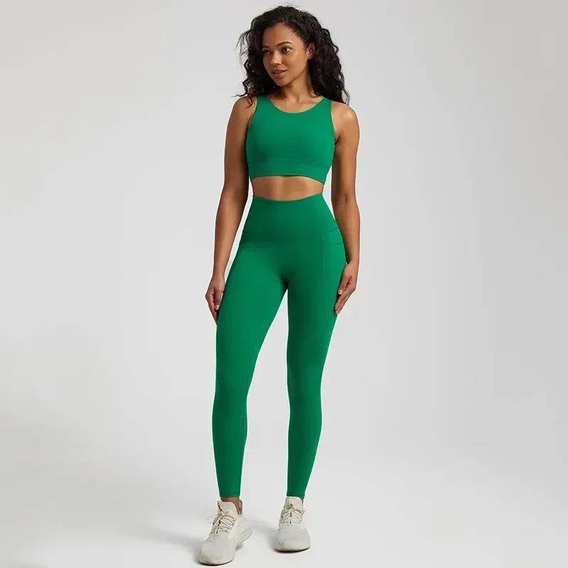 Lemon Soft Gym Yoga Set Legging Sport Fitness Cross Gym Bra top 2pc Suit Comprehensive Training Jog pocket Women Sportwear