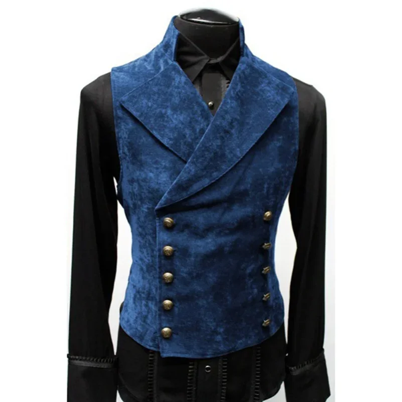 Men's Gothic Steampunk Velvet Vest Black Brown Double Breasted Stand Collar Victorian Waistcoat Stage Prom Fashion Male Clothing