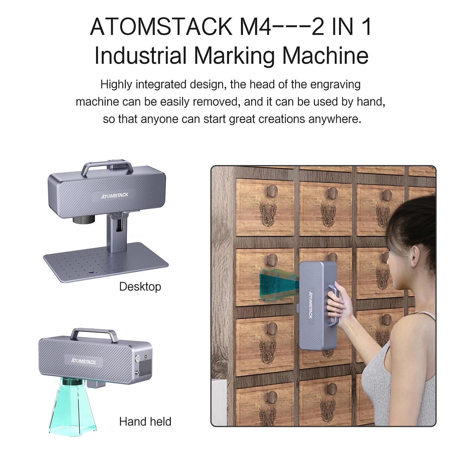 ATOMSTACK-M4 레이저 조각기, 마킹 머신, 2W, 산업용 데스크탑 핸드 헬드, 2 인 1 조각기, 70x70mm, 조각 영역