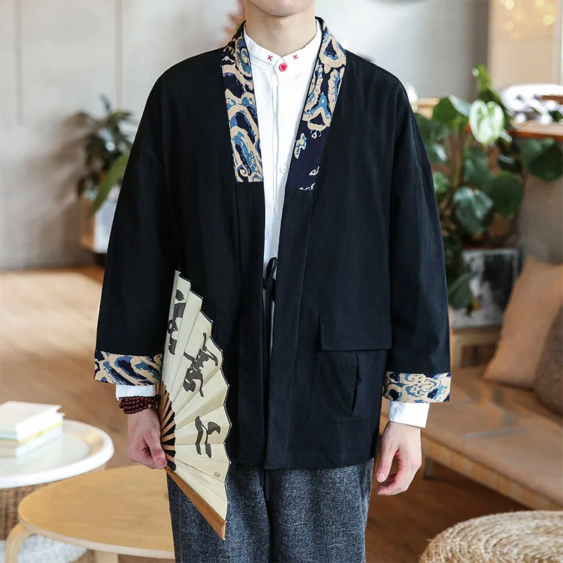

New Men Chinese-style Patchwork Jacket Retro Men's Tang Suit Hanfu Coat Taoist Robe Harajuku Japanese Black Kimono Cardigan