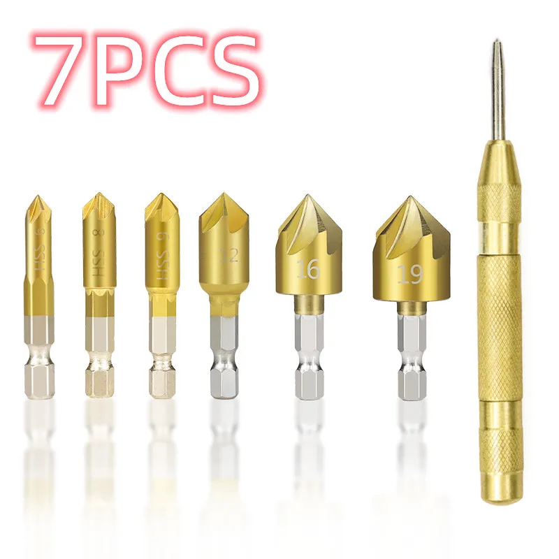 6/7PCS Countersink Drill Bit Set 1/4'' Hex Shank HSS 5 Flute Countersink 90 Degree Wood Chamfering Cutter Chamfer 6mm-19mm