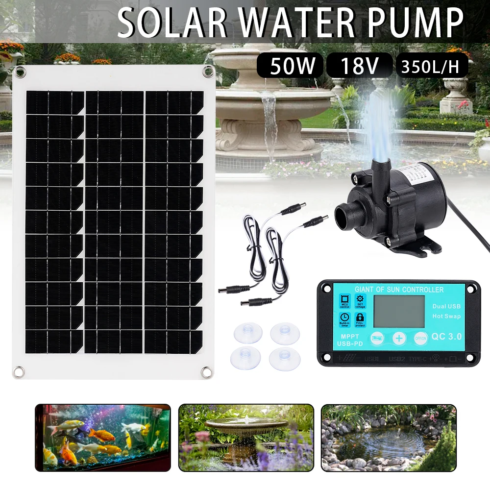 Bomba de Água Submersível com Controlador Painel Solar sem Escova ao ar Livre Carro Jardim Fonte de Alimentação de Emergência dc 12v 800l h 50w