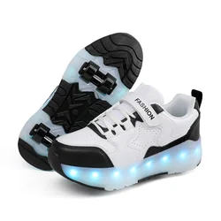 Children's LED Luminous USB-Charging Light-Up Roller Skates Sneakers - 30 (LB-1877-Black white)