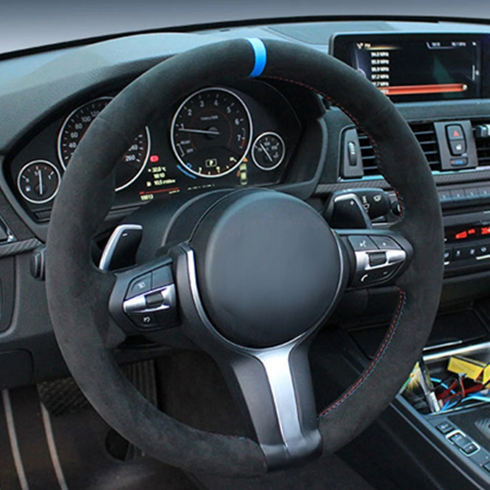 Black Suede Leather Car Steering Wheel Cover for BMW F87 M2 F80 M3 F82 M4 M5 F12 F13 M6 F85 X5 M F86 F33 X6 M F30 Sport steering wheel cover