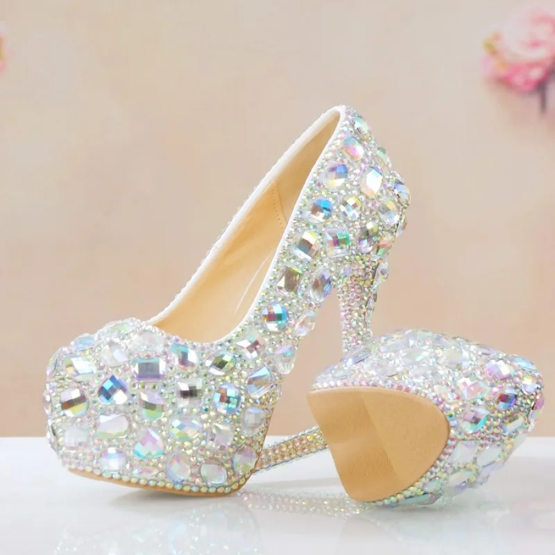 Spring Autumn Wedding Women Pumps PU 12CM Thin High Heels Pointed Toe Shallow Slip-On Full Diamond Bride Shoes For Women