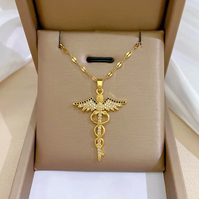 Stainless Steel Chain Caduceus Zircon Medical Symbol Snake Stick