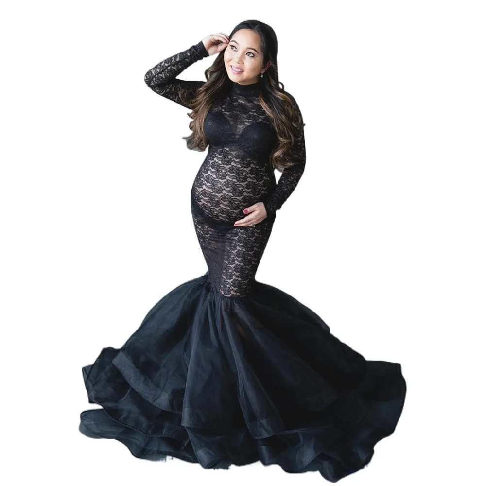 

Elegant Lace Maternity Dress See Through Maxi Gown Photoshoot Long Sleeve Tulle Tutus Dress Lace Turtleneck Photography Props