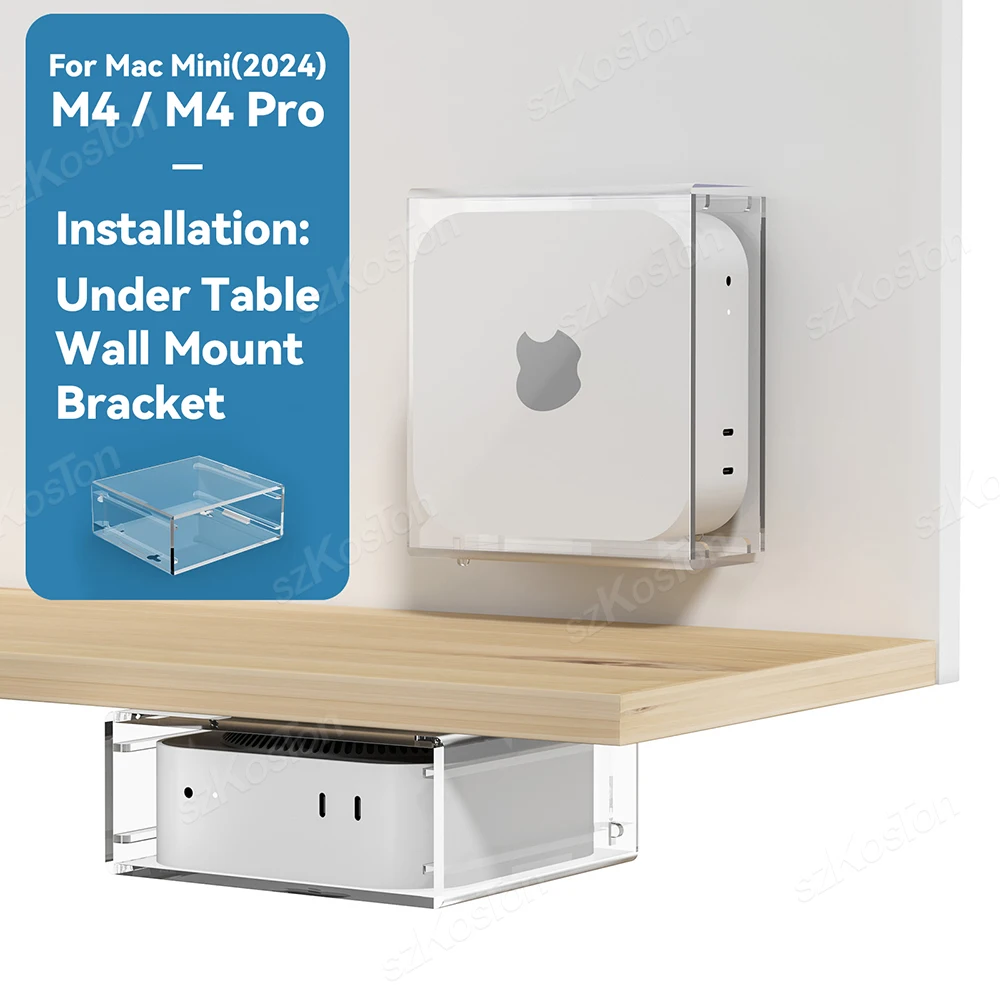 Wall and Undercounter Stand for Mac Mini M4 / M4 Pro Transparent Acrylic Bracket Protective Cover with Power Switch Design