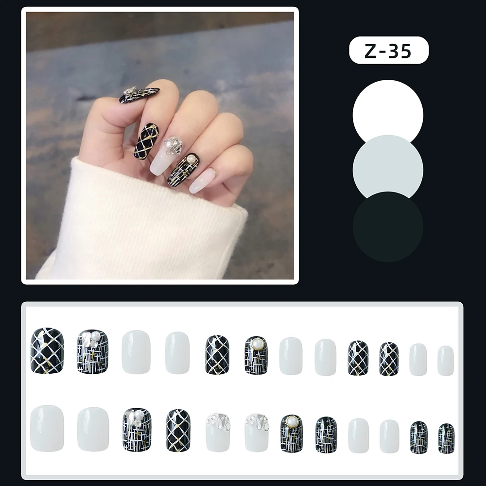 24Pcs Glossy Black False Nail with Diamond White Line Fake Nail for Women  Girl Artificial Nail Art Removable Full Cover SANA889| | - AliExpress
