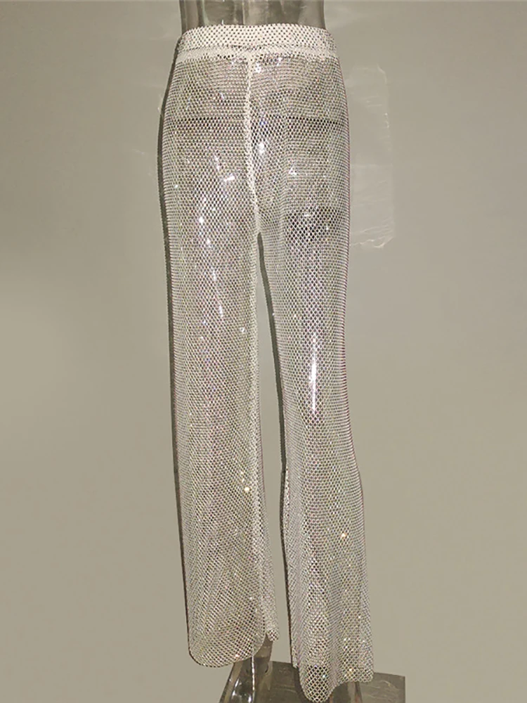 Fantoye Sparkling Crystal Diamond Fishnet Women Pant Black Sexy See Through High Waist Pant Female Loose Hot Girl Party Clubwear 6