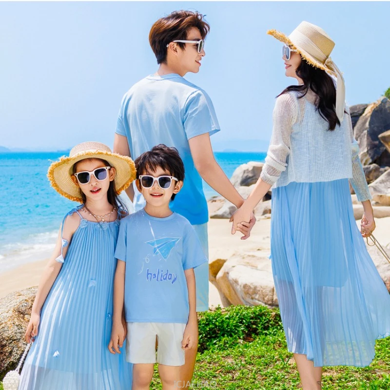Family Matching Outfits  Beach Dress Mom Daughter Vacation Set Father Son Tshirt Pants Suit Children Twin Clothes Girl Dresses - 4