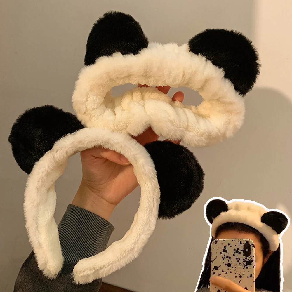 

Plush Headband panda Ears Hair Hoop Wash Face Headwear for Women Furry Hairbands Head Hoop Stretchy Makeup Hair Accessories