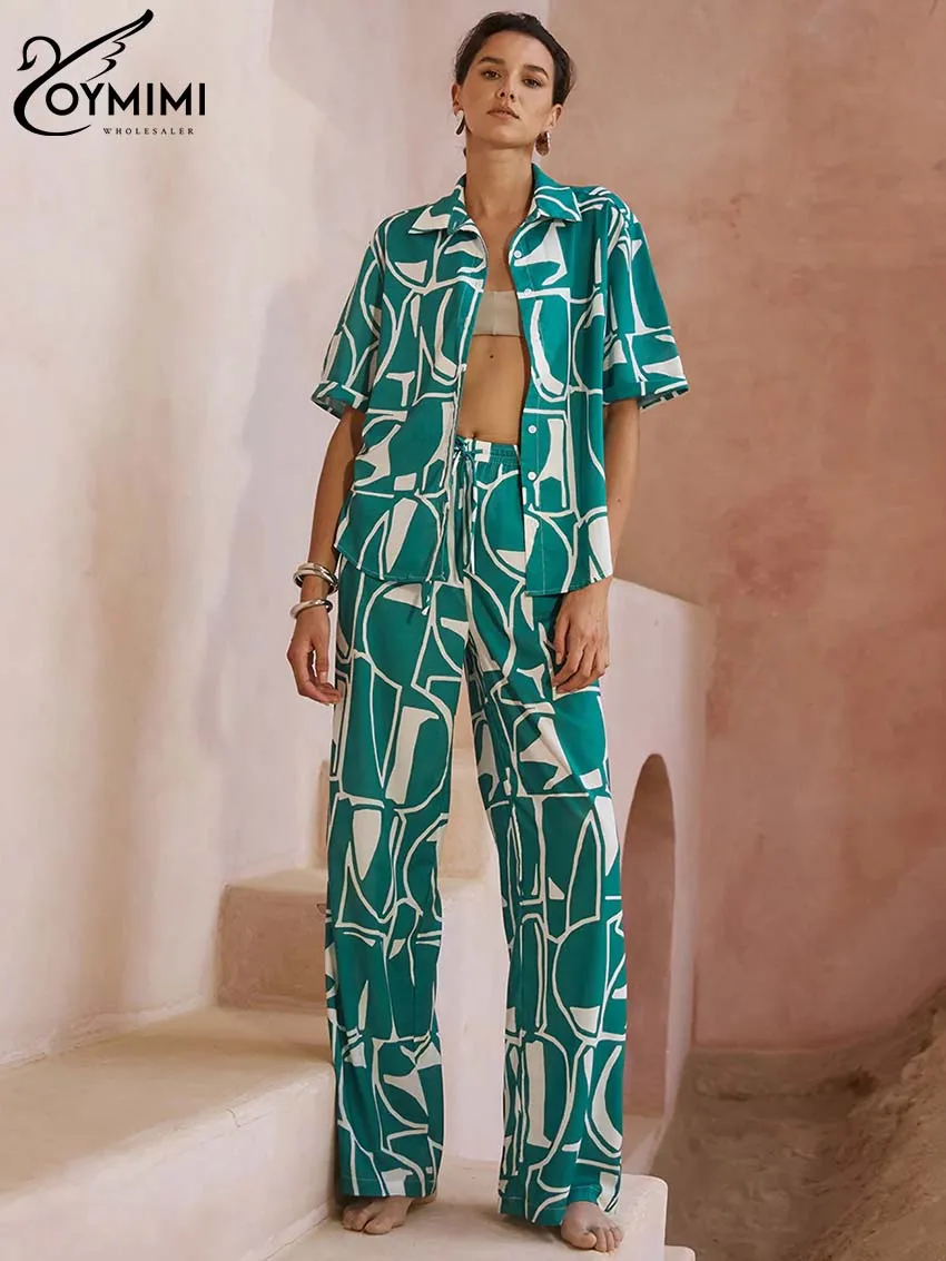 Oymimi Casual Green Print Two Piece Outfits Women Elegant Lapel Short Sleeve Button Shirts And Drawstring Straight Trousers Sets