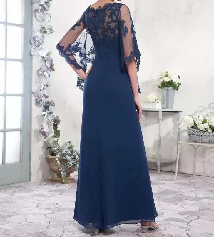 Abito da madre della sposa blu Navy o-collo in Chiffon a-line