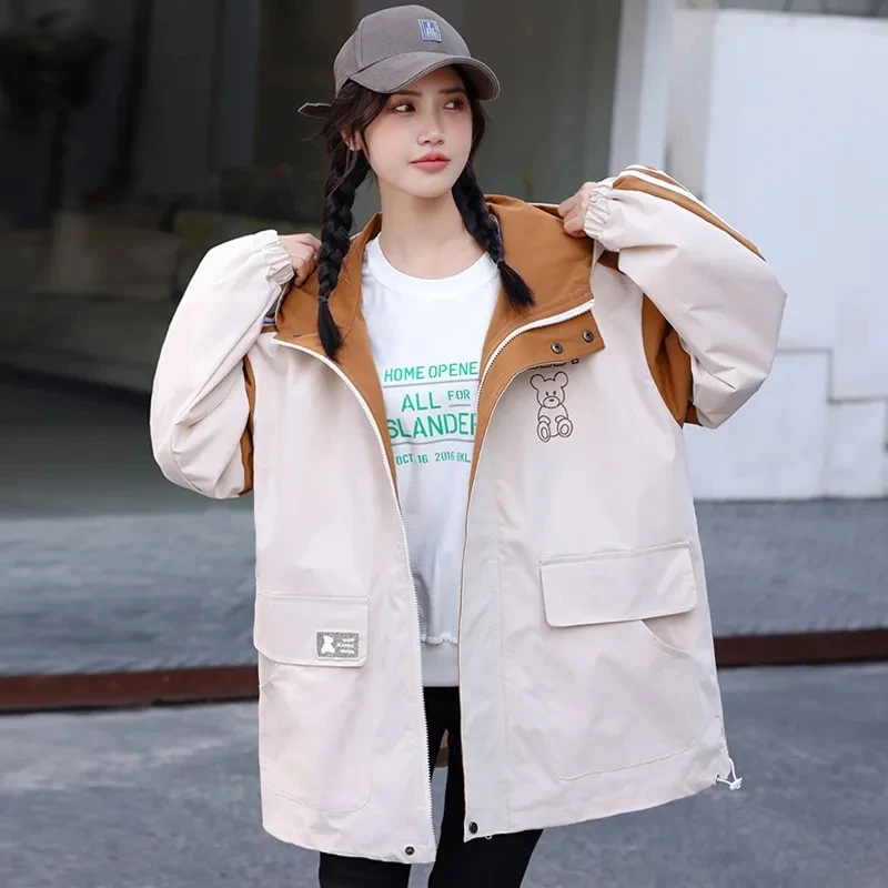 

Women Coats 2024 Spring Autumn Long Sleeves Zipper Cotton Jackets Cartoon Print Chic Casual Simple Outwear